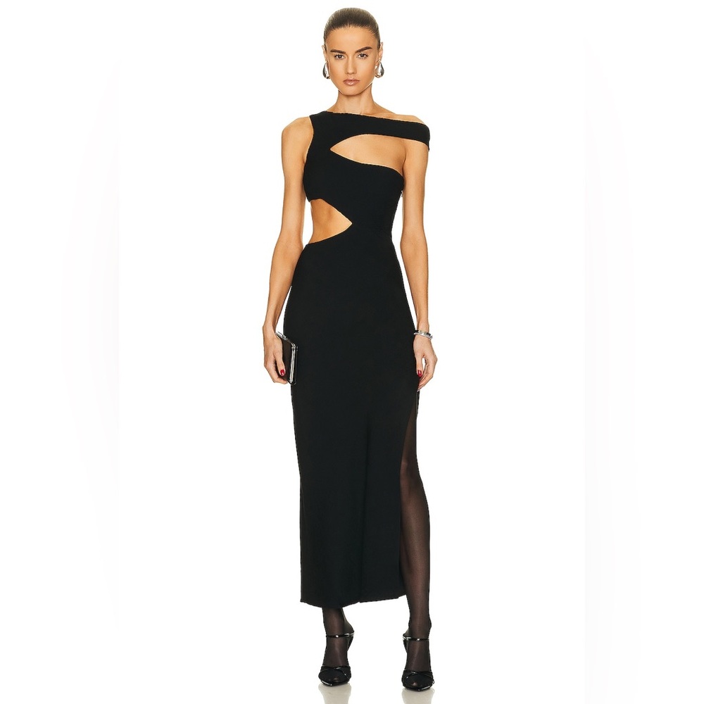 NWT Staud Prismatic Asymmetric Cutout Ribbed-knit Maxi Dress Black Size 6